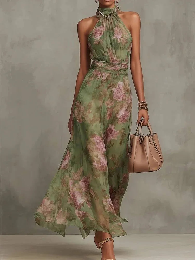 Women Floral Print Short Sleeve Maxi Dress Fashion V-neck Ruffle Trim Belted Slit Hem Dresses Casual Lady Daily Vacation Gowns