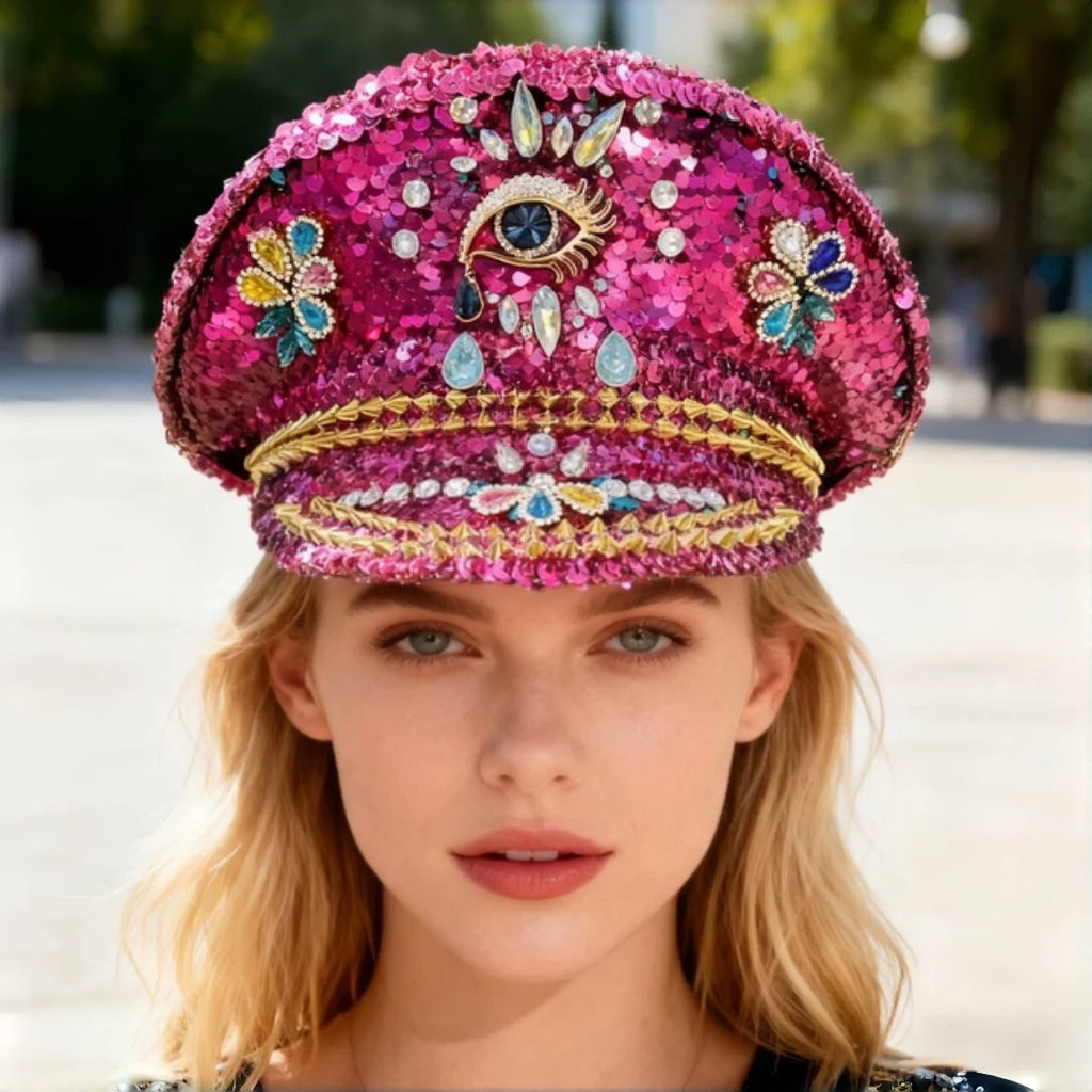 Luxury Festival Rhinestone Captain Hat Military Cap Sergeant Hat Hen Do Hat Mucis Festival Steampunk Caps Fashion Masquerade