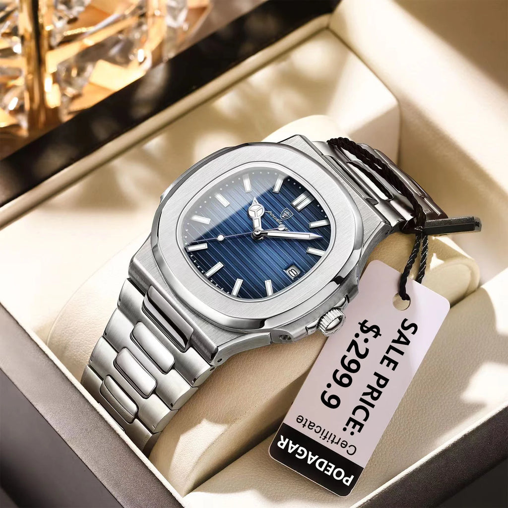 POEDAGAR Fashion Square Quartz Man Clock Waterproof Luminous Date Stainless Steel Watches For Men Luxury Business Men Wristwatch
