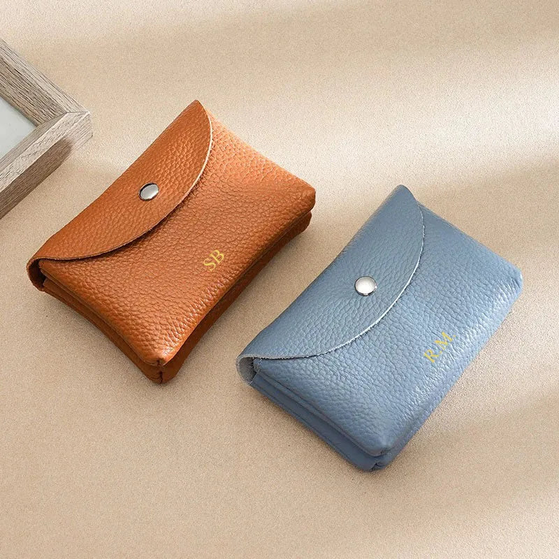 Custom Initials Fashion Women Genuine Leather Short Double Wallet Cute Small Coin Purse Mini Credit Card Holder Key Storage Bag