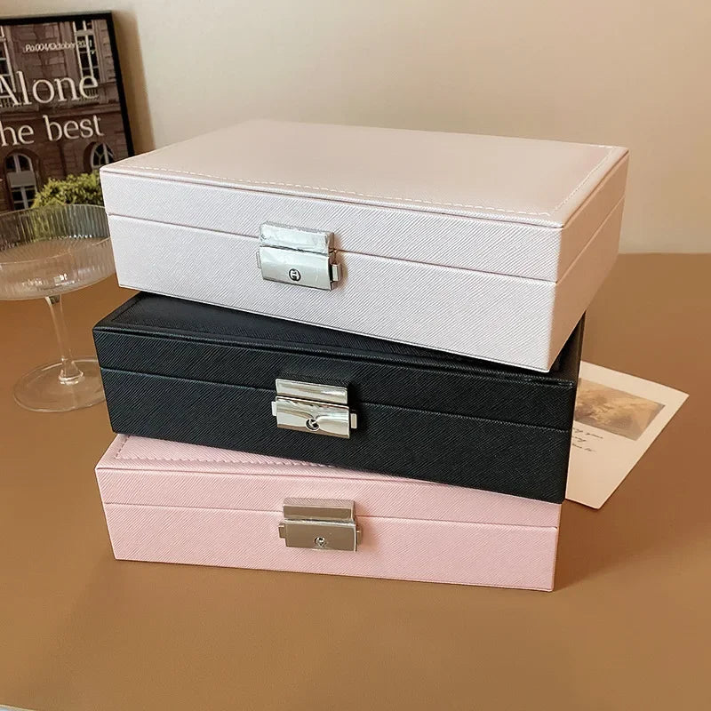 Large Square Jewelry Box Solid Color Leather Lock Boxes Earrings Necklace Bracelet Storage Display Boxes Travel Portable N