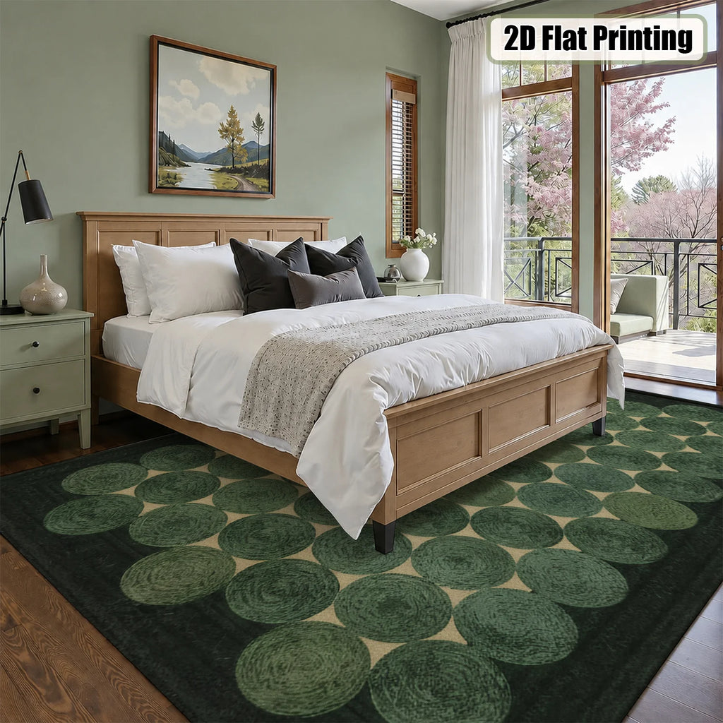Large Indoor Area Rug, Soft Velvet Low Pile Rug with Non-Slip Dotted Backing & Machine Washable, Modern Geometric Moss Green Circle Pattern for Living Room, Bedroom, Entryway