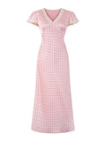 Chu Sau beauty Women New Fashion Sweet Polka Dot Print Chic Lace Patchwork V-neck Long Dress Vintage Short Sleeve Party Dresses
