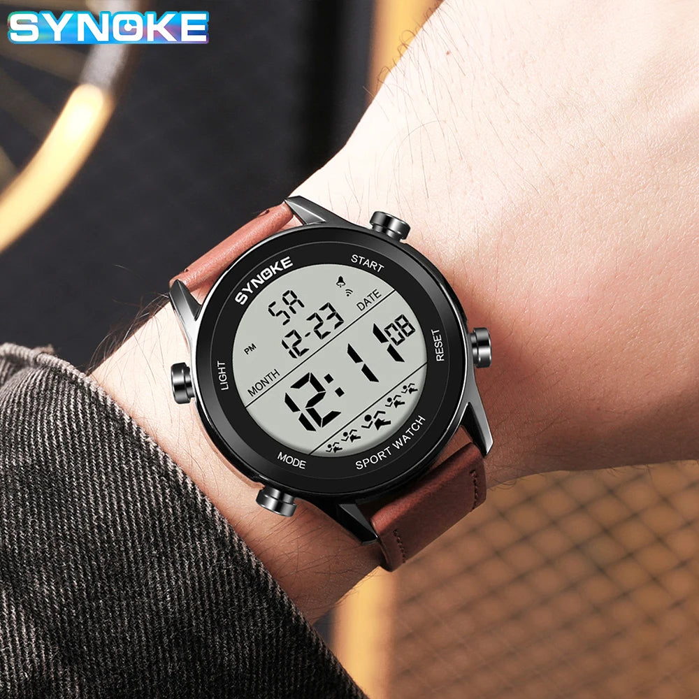 SYNOKE Men Outdoor Sports Multifunctional Waterproof Large Screen Display Luminous LED Digital For Men Fashion Belt Watch