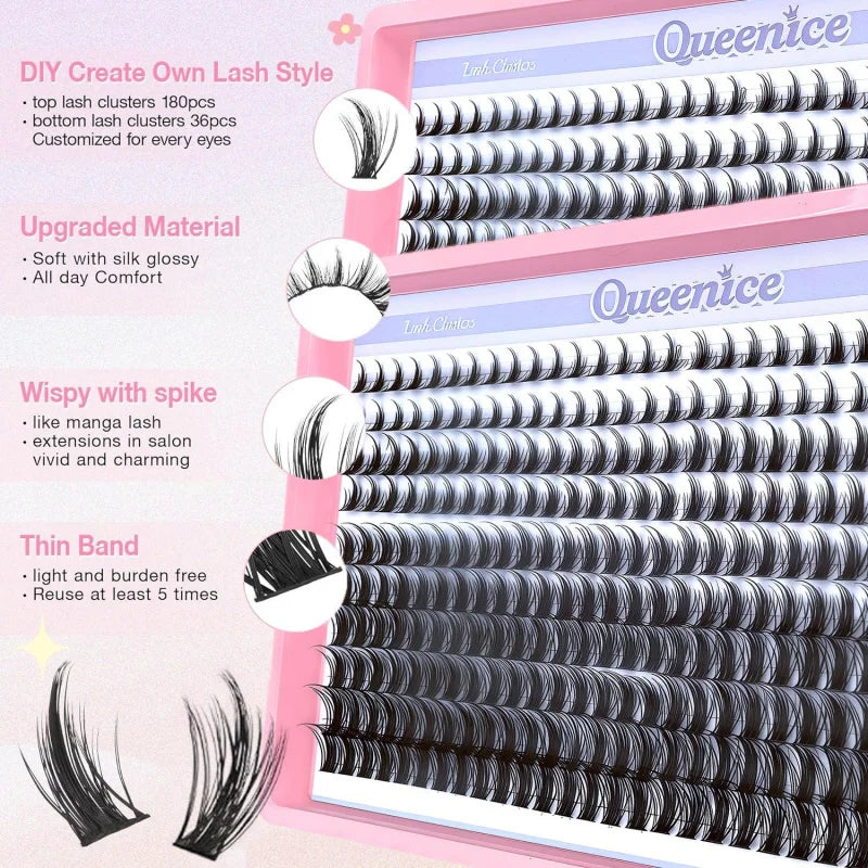 Manga Lash Wispy Anime Lash Extensions 8-16Mm Cluster Eyelash Extensions, D-Curly Individual Lashes, Reusable, Beginner-Friendly