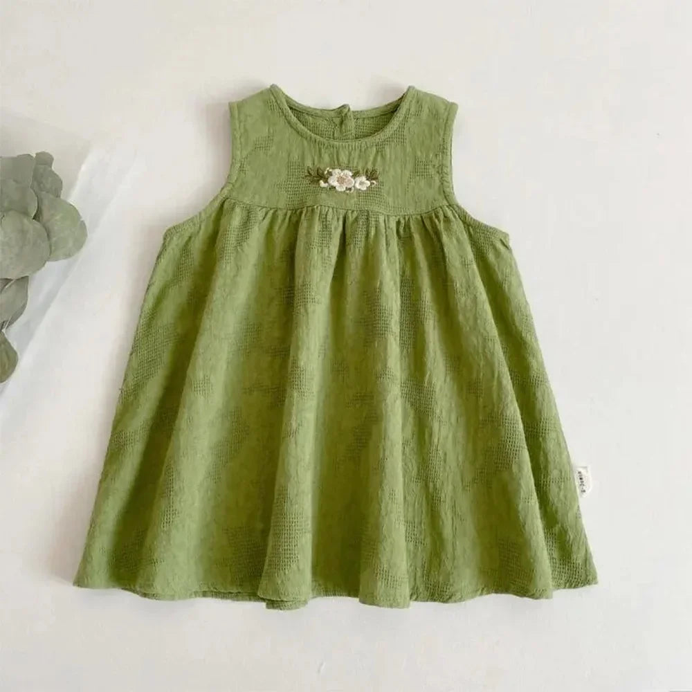 Bear Leader Korean Version Plain Color Girls Casual Dresses Summer Flower Embroidered Sleeveless Vest Dress Children's Clothing