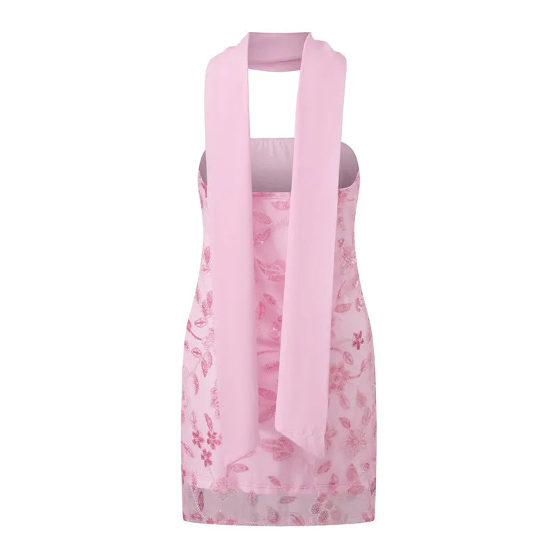 hirigin Fashion Women Summer Sequin Mini Bandeau Dress Sleeveless Off Shoulder Flower Embroidery Tube Top Dress with Scarf