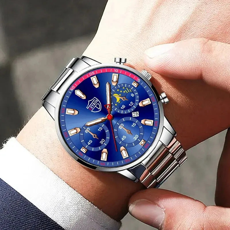 DEYROS Luxury Men Silver Quartz Wristwatch Male Stainless Steel For Men Business Fashion Round Calendar Watch Luminous Clock