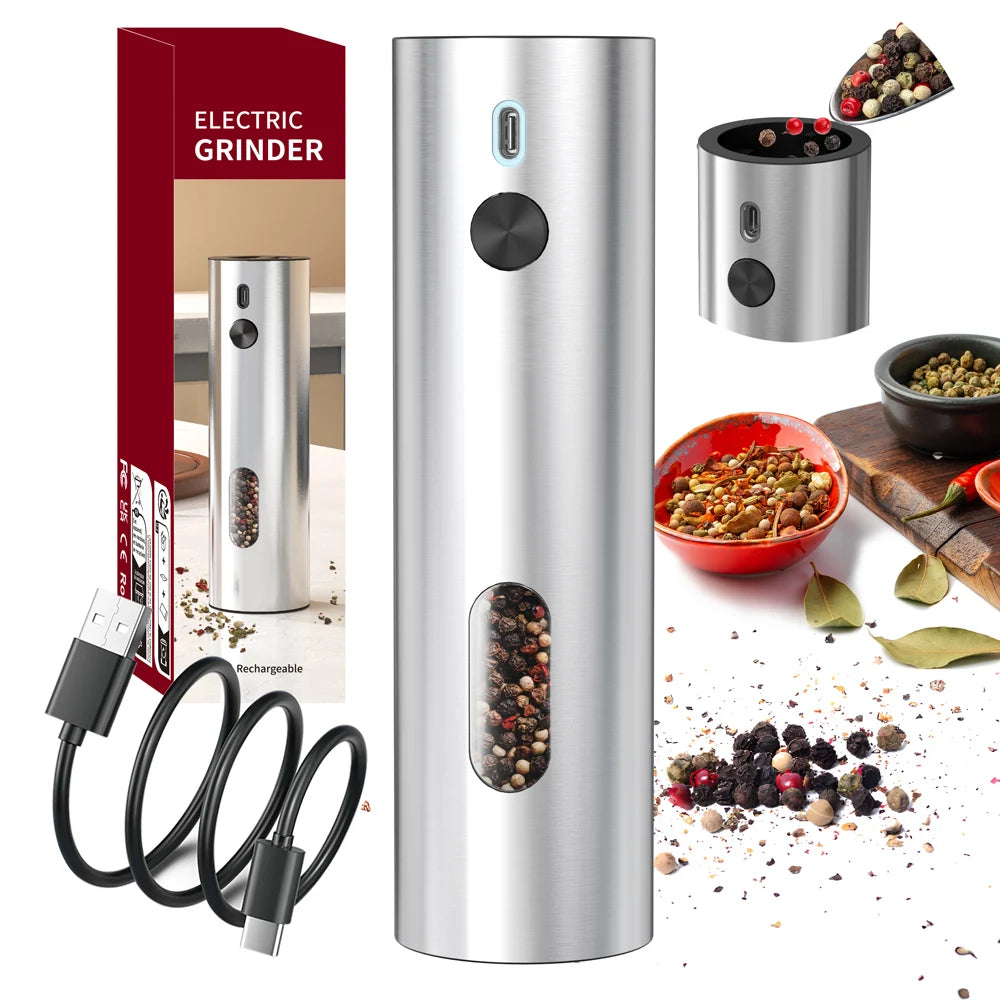 USB Rechargeable Automatic Pepper Grinder Salt And Pepper Mill Adjustable Coarseness Spice Grinder with LED Light for Kitchen