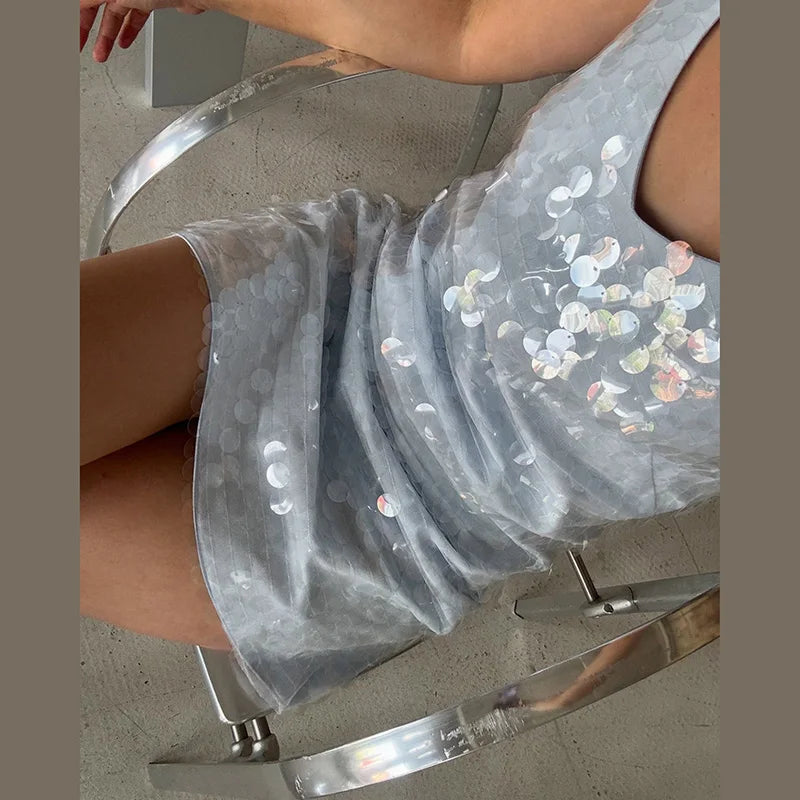 Sexy Sequined Women's Dress Sleeveless V-Neck Sling Loose Lady Mini Dresses 2026 Summer Autumn Chic Female Vacation Robe