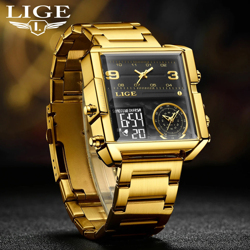 LIGE New Top Brand Luxury Fashion Men Watches Gold Steel Sports Square Digital Analog Big Quartz Watch for Man relogio masculino