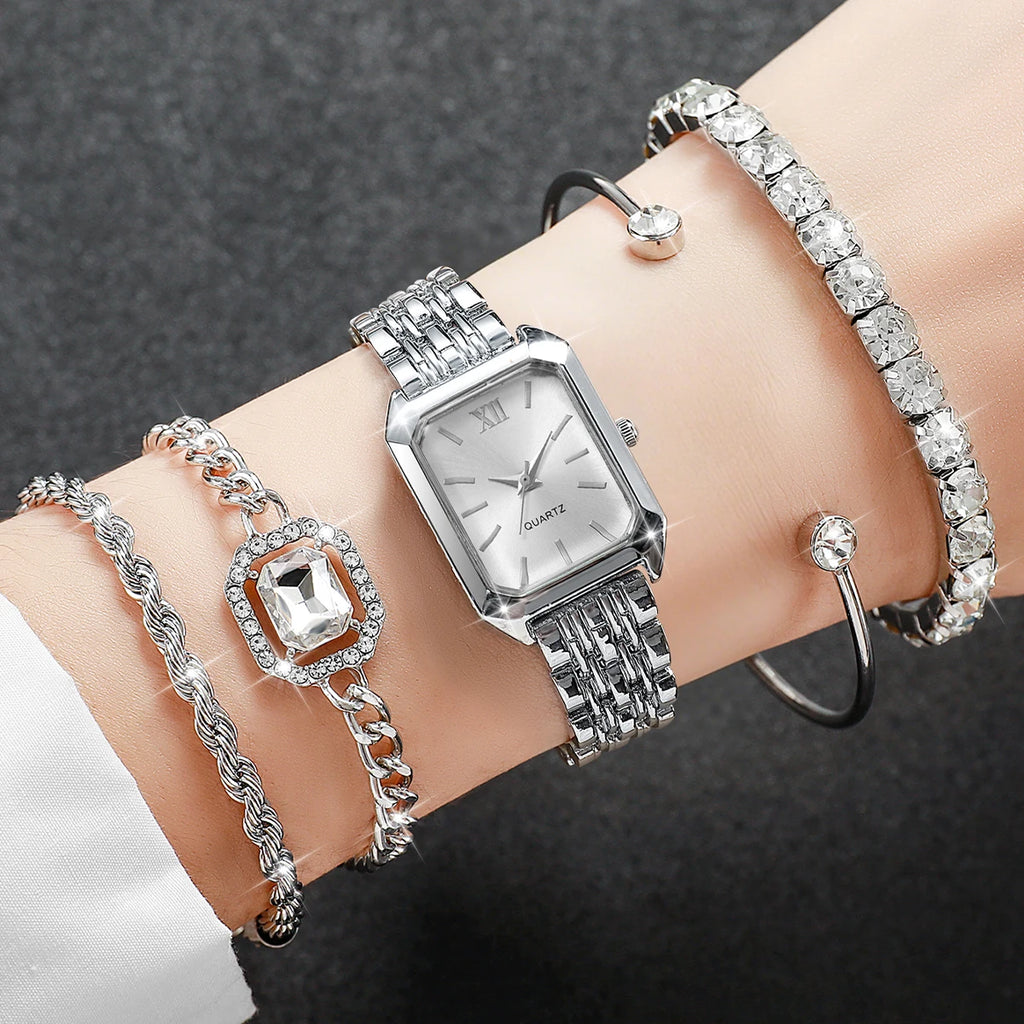 5PCS Elegant Rectangle Dial Women's Quartz Watch Diamond Bracelets Set Ladies Fashion Wristwatch Accessory Gift Relogio Feminino