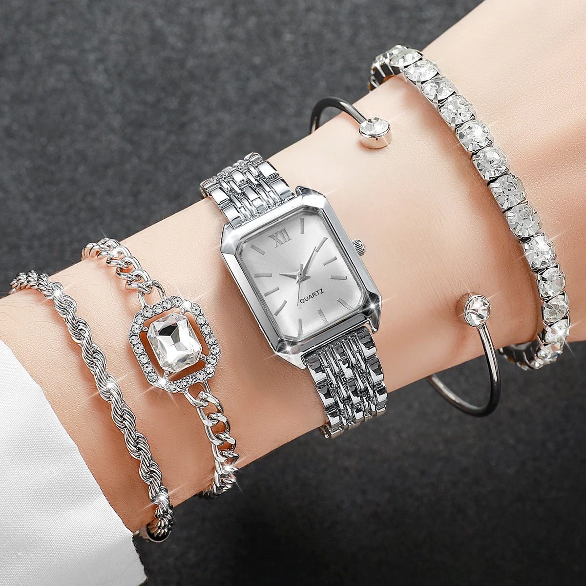 5PCS Elegant Rectangle Dial Women's Quartz Watch Diamond Bracelets Set Ladies Fashion Wristwatch Accessory Gift Relogio Feminino
