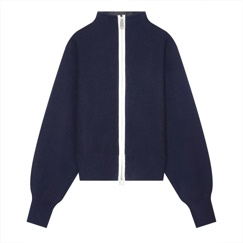 Zip Up Jacket Contrast White Zipper Long Sleeve Loose Cropped Bomber Coat 2026 winter Autumn Casual Streetwear Women  Outerwear