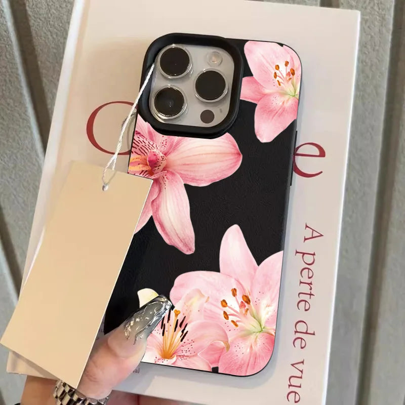 Pink Lily Flower Print Phone Case For iPhone 17 16 15 14 13 12 11 Pro Max Elegant Floral Leather Soft Protective Back Cover