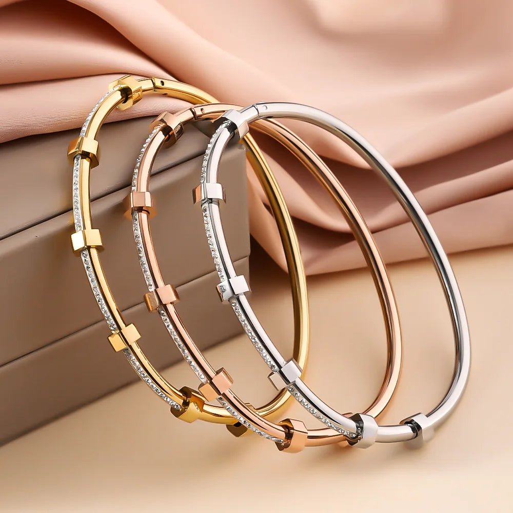 Trendy Round Cubic Zirconia Bangles For Women Men Gold Color Silver Color Stainless Steel Crystal Bangle Party Jewelry
