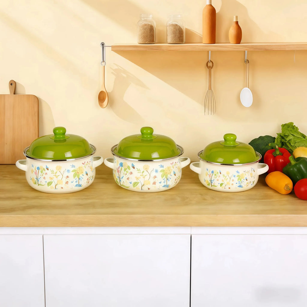 3Pcs Vintage Enamel Stock Pot Set with Lid,34oz/51oz/68oz Retro Flower Cooking Pot, Flat Bottom Stew Pot with Dual Handles for Induction & Gas Stove Kitchen Use