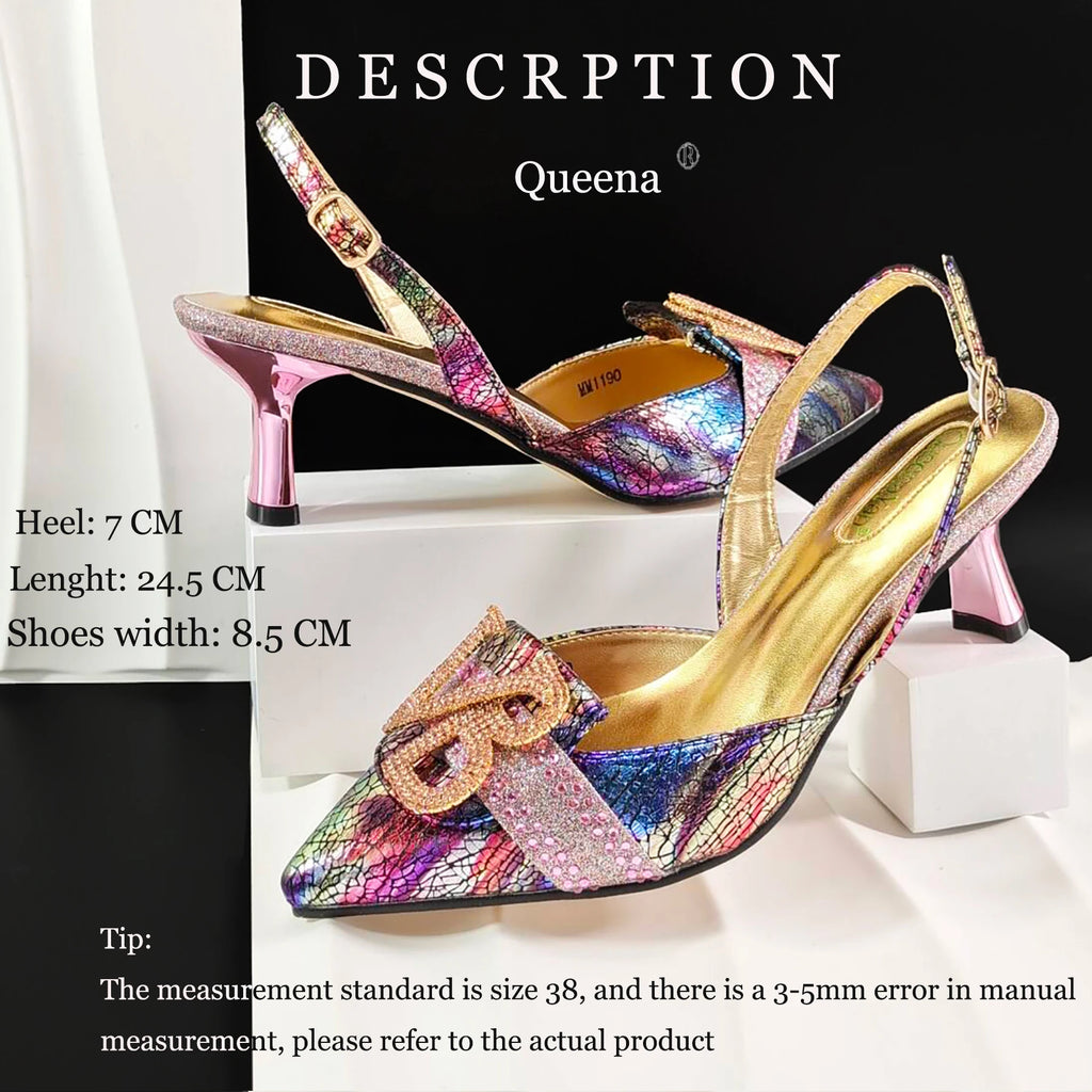 2026 Women Shiny Holographic Rainbow Slingback Heel Matching Bag Set Sparkly Rhinestone Letter Embellished Pumps for Wedding