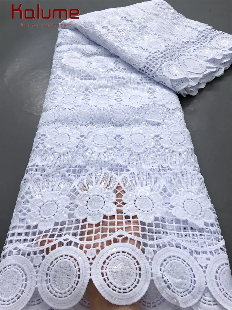 White African Guipure Cord Lace Fabric with Sequins 2025 High Quality Nigerian Guipure Cord Lace for Sewing Wedding Dress F4025