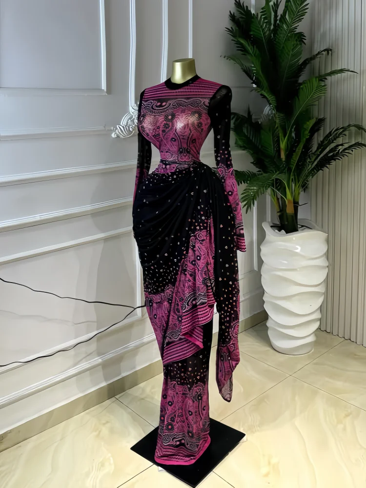 CM.YAYA Women Tie Dye Printed Stacked Ruched Long Sleeve Midi Bodycon Maxi Long Dress Birthday Party Education Trendy Dresses