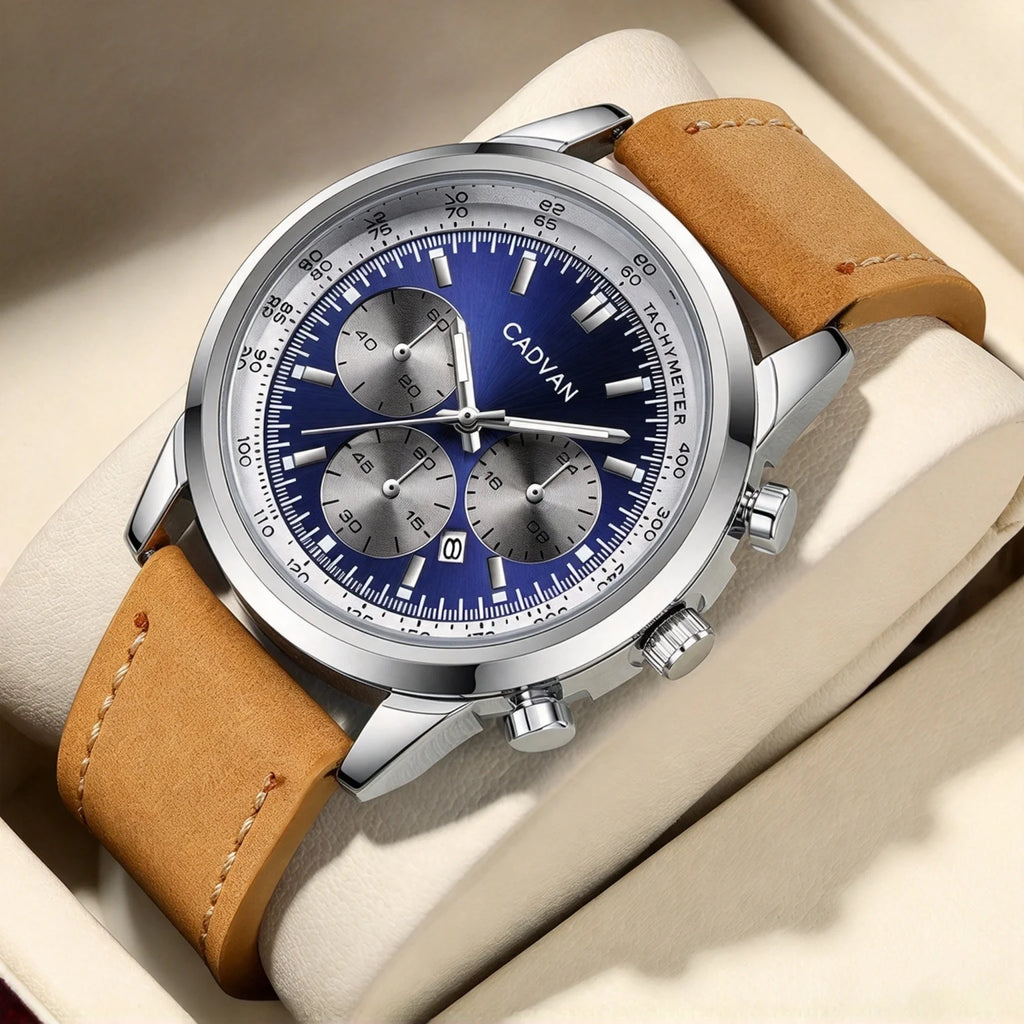 CADVAN Men's Retro Round Watch, Fake Three Eye Design Calendar Quartz Watch, Available in Two Colors - Comes with Packaging Box