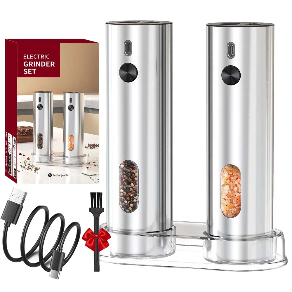USB Rechargeable Salt and Pepper Grinder Set Stainless Steel Electric Pepper Grinder With 110ml Container Automatic Pepper Mills