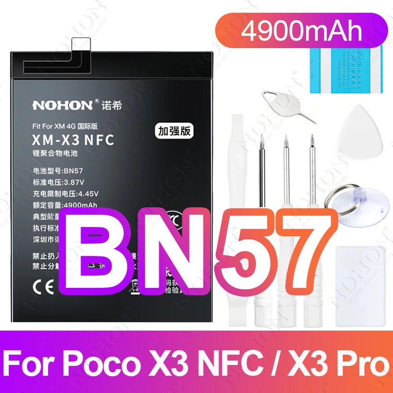 NOHON BN61 Battery for Xiaomi Poco X3 X4 GT X5 X6 Pro F5 F4 F3 F2 M5 M4 M3 M6 Pro C40 Redmi K50 K40 K30 Bateria BM4Y BN57 BP48