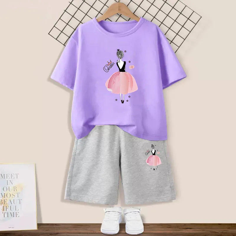 2024 Summer Girls Cotton Clothing Sets Kids Cute Cartoon Butterfly High Heel T-shirt +Shorts 2Pce Suits Childrens Tracksuits