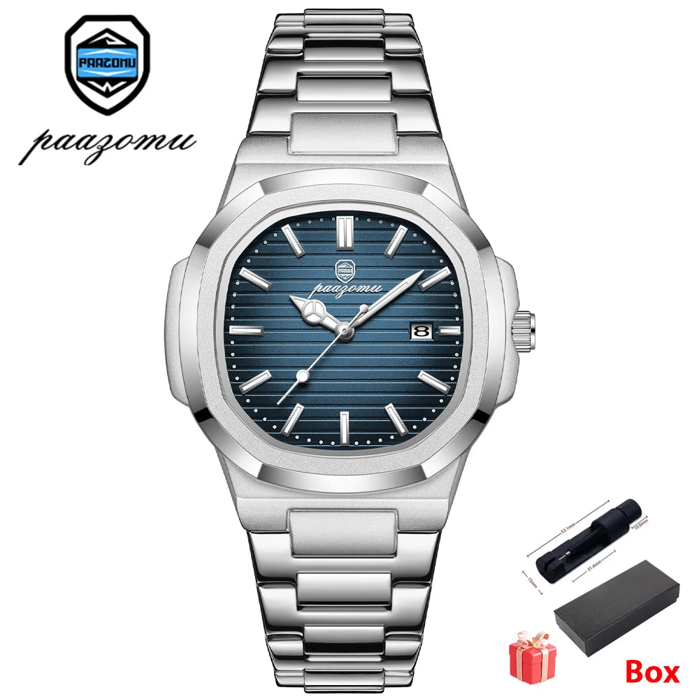 PAAZOMU Top Luxury Military Man Watch Square Waterproof Luminous Date Week Men Watch Stainless Steel Quartz Men's Watches Reloj