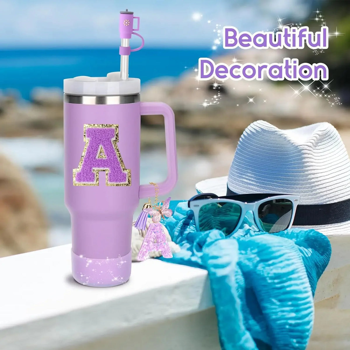 8PCS Accessories Set for Stanley Cup Purple 30oz 40oz tumbler Silicone Straw Topper Cover Cap Boot Handle Charm Initials Sticker