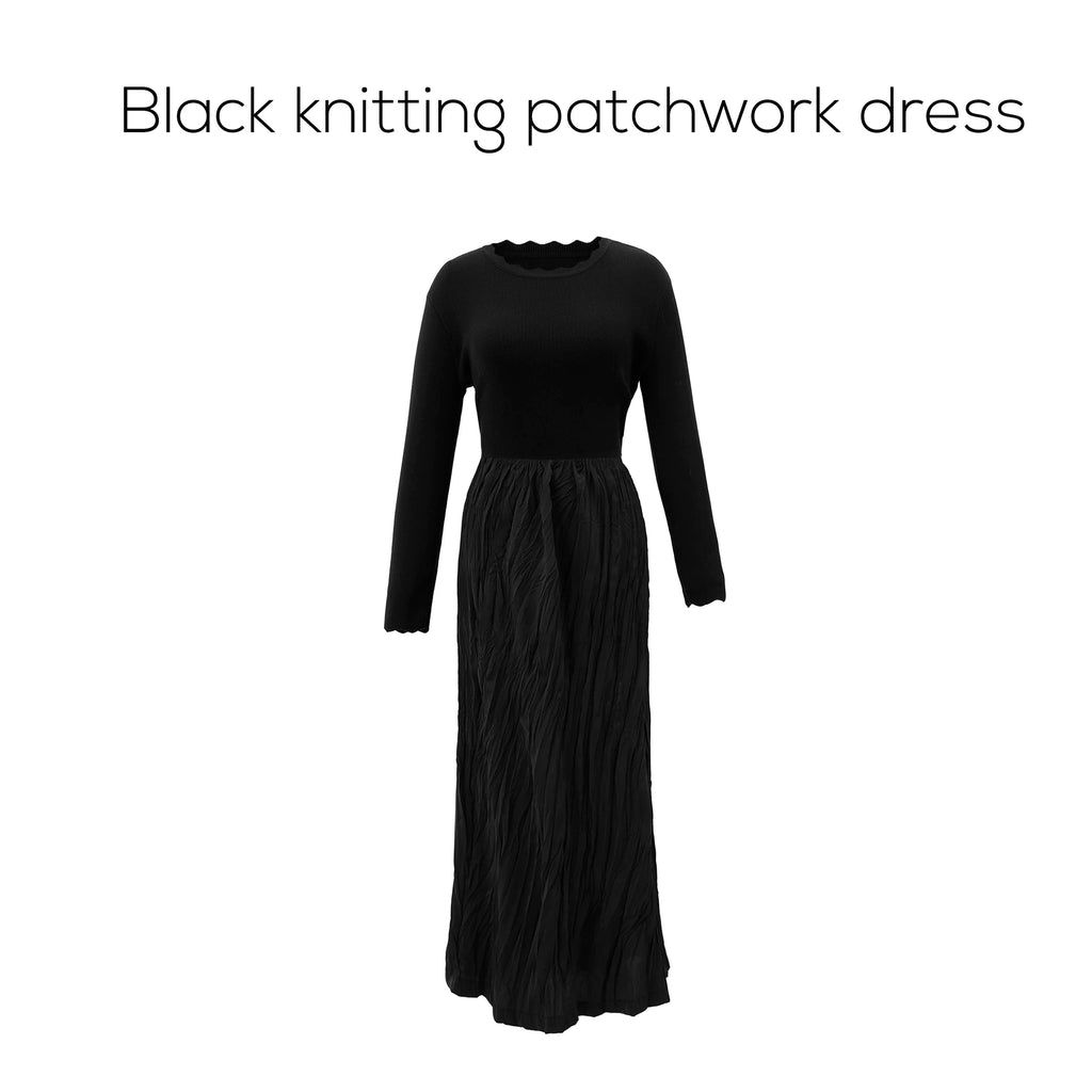 AP 2026 Women Autumn and Winter Crinkle Dress Knitting Patchwork Elegant Lady Maxi Dress