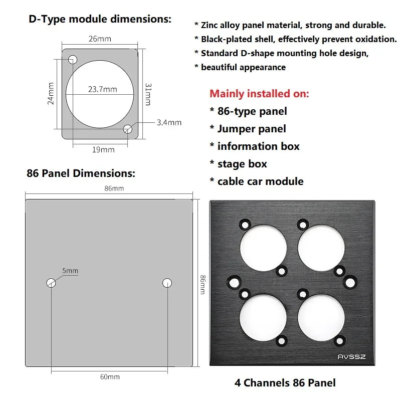 D-type Multifunctional Data Module 86 Panel audio video socket XLR VGA BNC RJ45 RJ11 Jack 3.5/6.35 RCA USB3.0 TypeC Connector