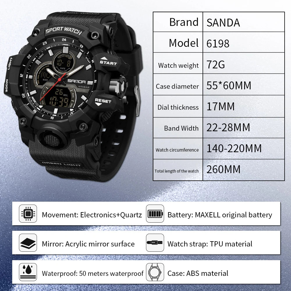 SANDA Digital Men Watch Military Sport Waterproof Wristwatch Man TPU Strap Quartz LED Clock Fashion Stopwatch Date Male Clock