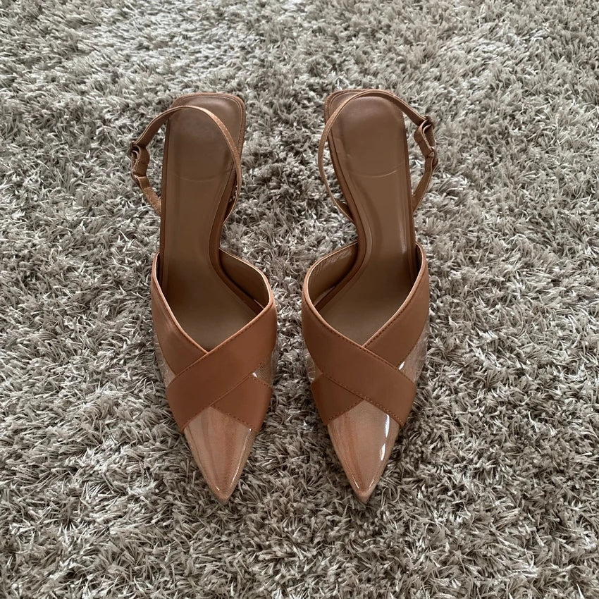 2025 Woman Brown High Heels Women Sandals Summer Fashion Pointed Toe Low-heel Pumps Slingbacks Elegant Female Heeled Shoes