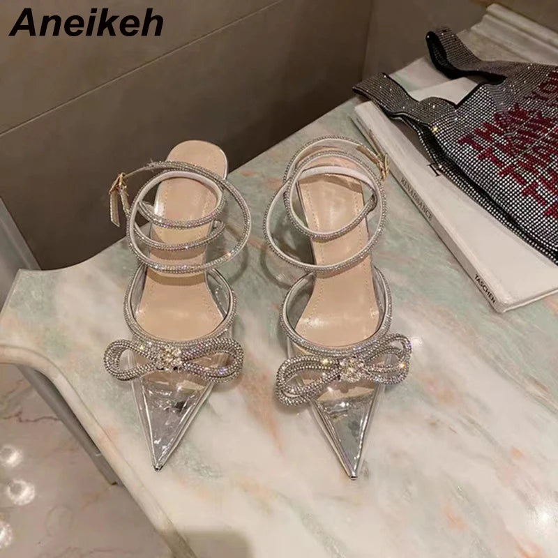 Aneikeh PVC Style Glitter Rhinestones Women Pumps Crystal Bowknot Satin Lady Silk High Heels Party Shoes 2025 Spring Size 35-42