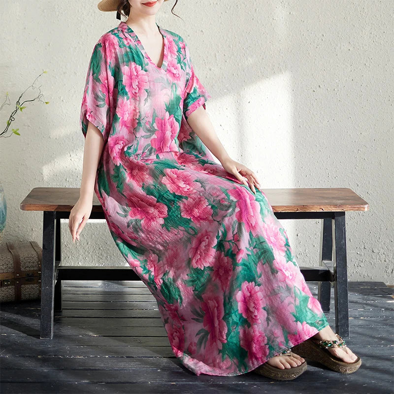 V-Neck Loose Cotton Linen Beach Skirt Summer Casual Long Dress Cover up Retro Style Holiday Fashion plus Size Women's Dress