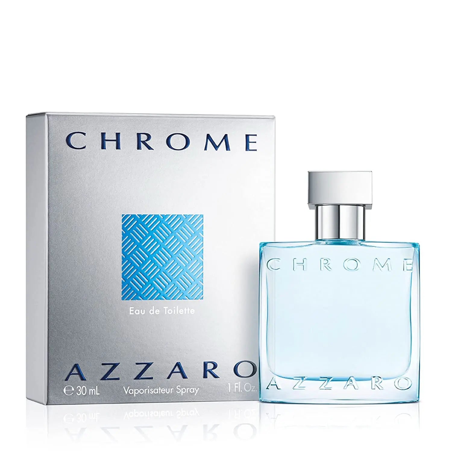 Azzaro Chrome EDT 100ML Perfume For Men Crisp Fresh Aquatic Citrus Marine Woody Aroma Long Lasting Minimalist Clear Light Blue Square Bottle Complete Silver Woven Pattern Box Dating Summer Travel Present