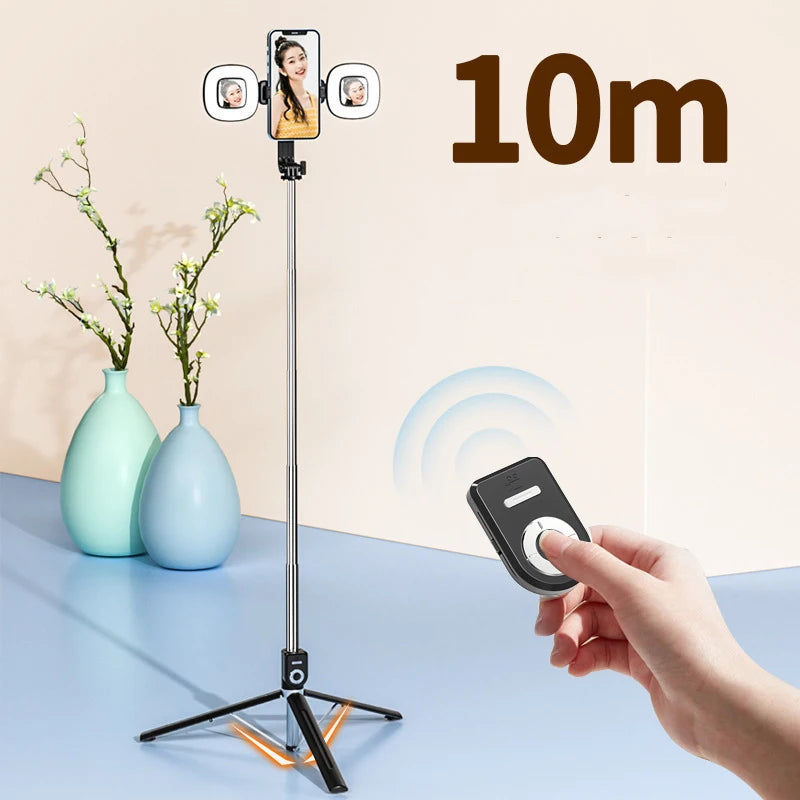 1.7m Extendable Live Tripod Selfie Stick Support LED Ring Dual Light Mirror Stand 4 in 1 Phone Mount for iPhone X 8 11 Android