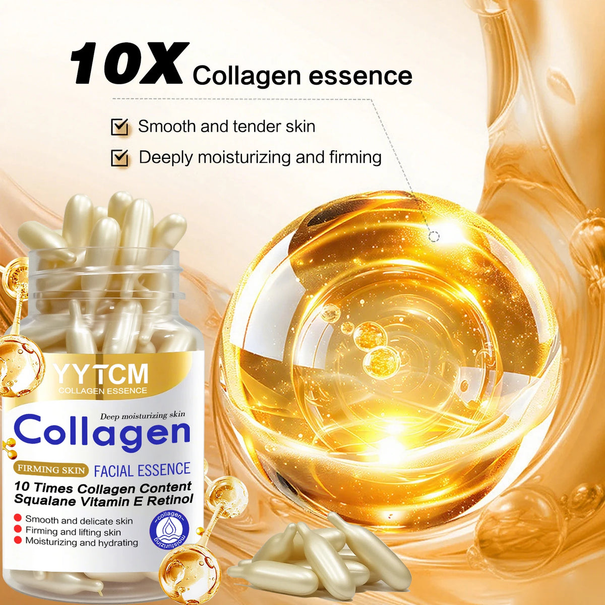 Collagen Firming Capsule Essence, Moisturizing and Smoothing the Skin, Contains Plant-Based Squalane, Retinol, and Vitamin E for Deep Hydration. 18 Capsules/30 Capsules/48 Capsules/60 Capsules/90 Capsules/120 Capsules