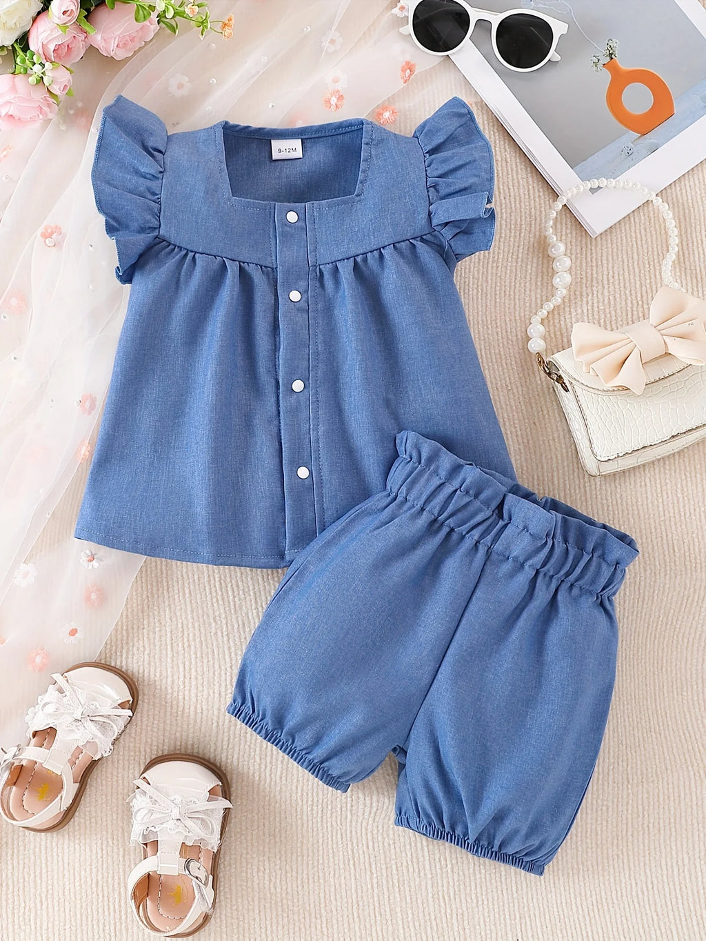 2 Sets Summer Baby Girls New Casual Fashion Cute Comfortable Imitation Denim Cardigan Flying Sleeve + Casual High-Waisted Shorts