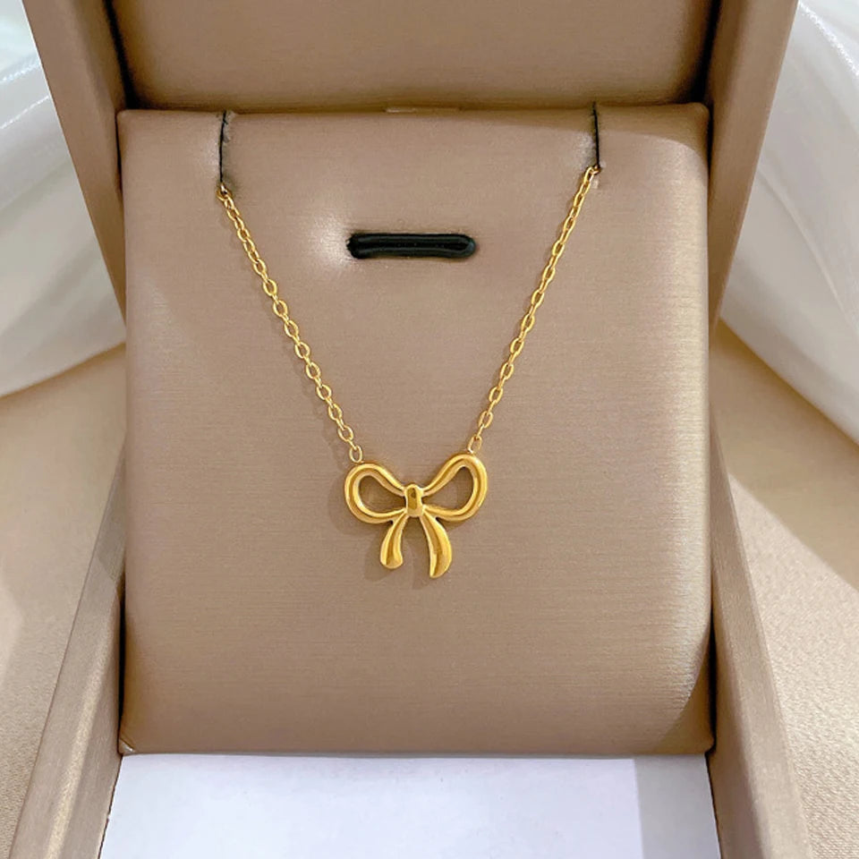 Yupsk Simple Korean Fashion Stainless Steel Bowknot Necklace for Women Delicate Bow Tie Charm Choker Necklaces Girls Gift