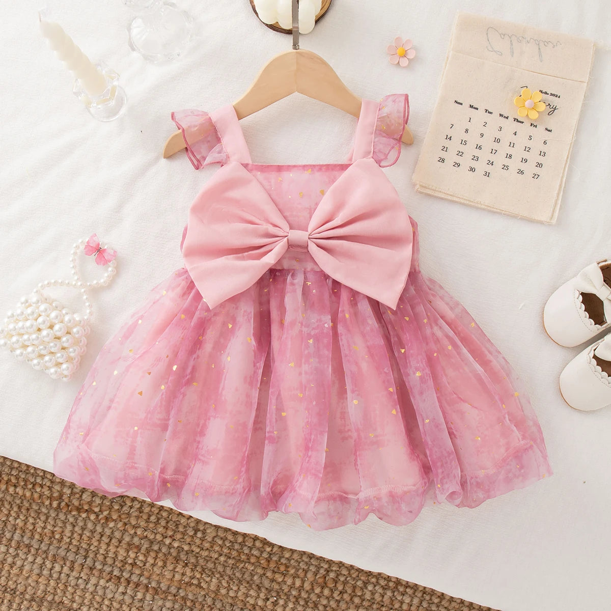 Girls' Dress Summer Bow Floral Puff Sleeve Baby Girl Dress Adorable Princess Baby Dress Baby Girl Clothes