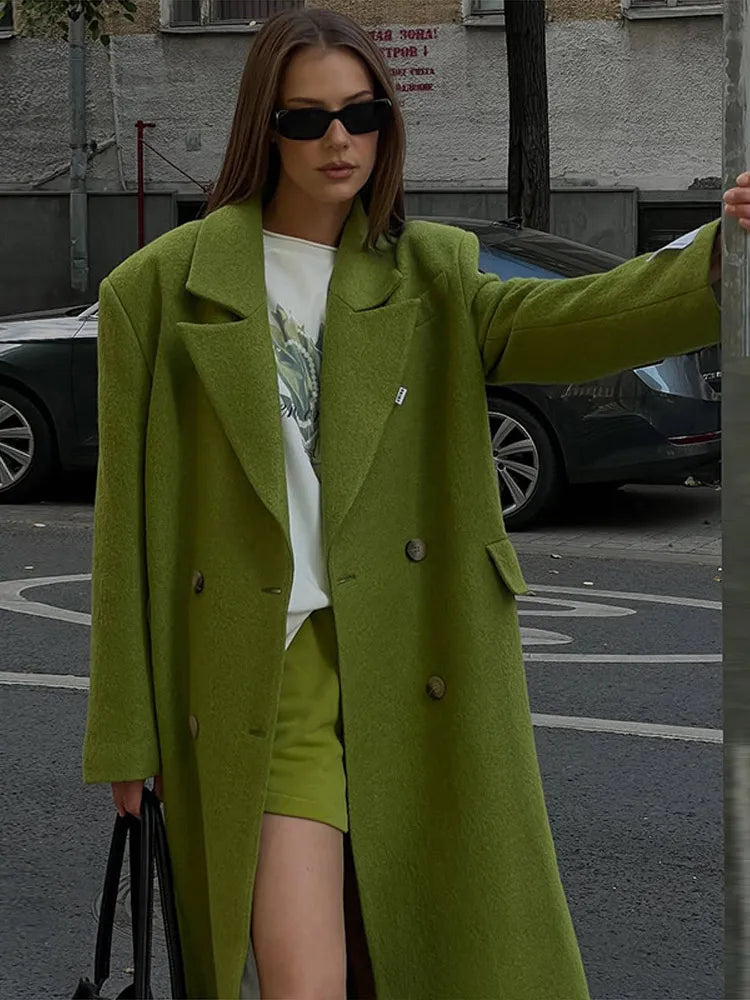  Chic Ladies Woolen Long Overcoat Solid Double-Breasted Lapel Padded Shoulder Loose Coat Women Autumn Winter Street Outerwear