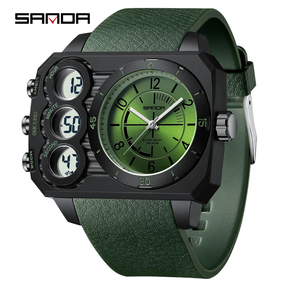 SANDA Men Watch Square Big Dial Waterproof Double Display Wristwatch Man Chronograph Digital Clock Men's Military Quartz Watches