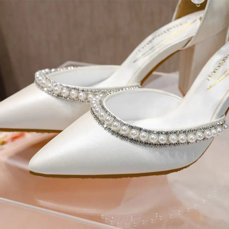 Pointed High Heels Thick Heel Sexy Pearl European and American Foreign Trade Large Size Women's Shoes