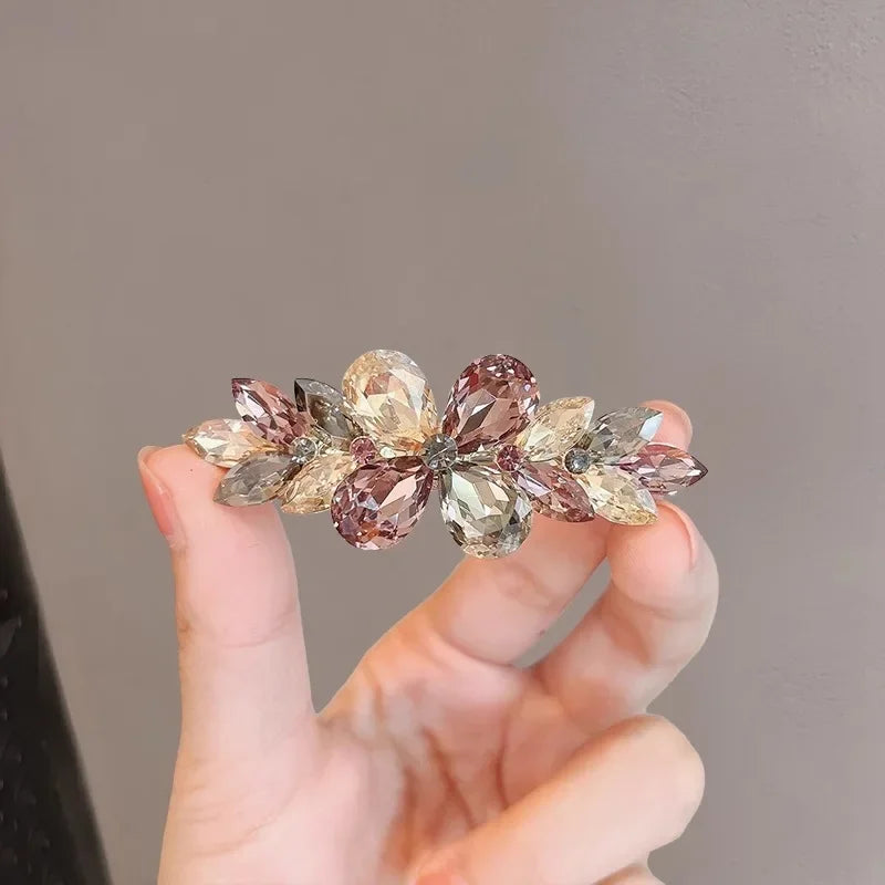 Luxury Colorful Crystal Folower Hairpin Spring Clip High-end Women's Back of Head Half-tied Hair Clip France Hair Accessories