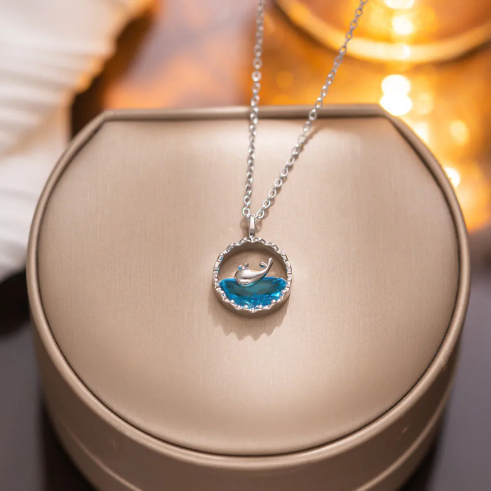 Stainless Steel Cute Sweet Blue Crystal Sea Whale Pendant Necklace for Women New Creative Design Summer Collar Jewelry Colorfast