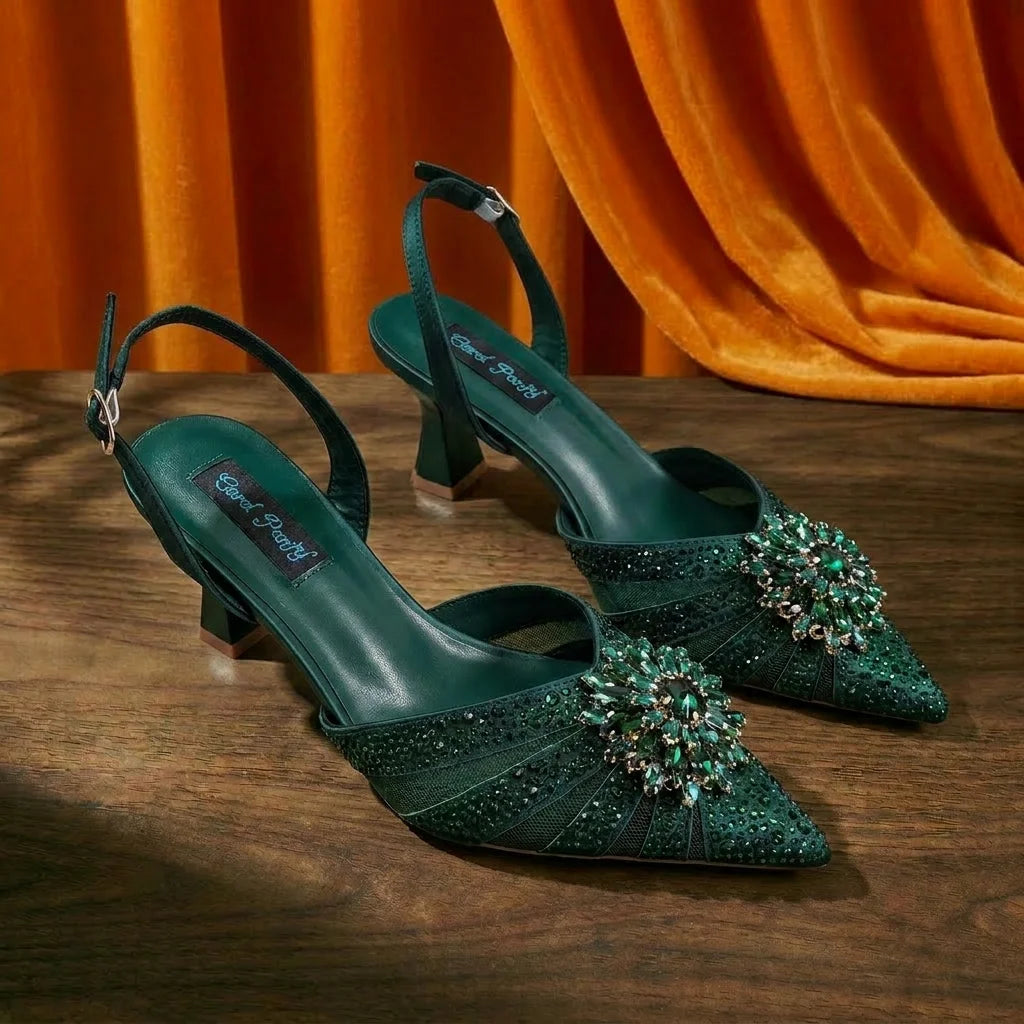 2026 Women's Elegant Green Rhinestone Slingback Heels & Matching Handbag Set COMFORT INCLUDED Stylish Pointed Toe Design Shoes