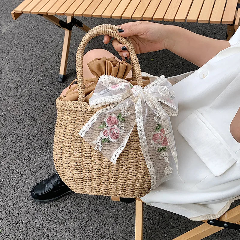 Women Summer Straw Rattan Woven Tote Small Clutch Bags Retro Ladies Beach Basket Handbags Vacation Travel Shopping Purse Bolsos