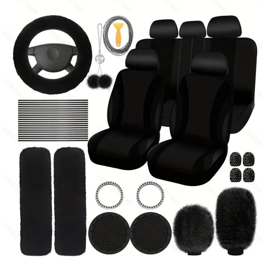 Fluffy Cute Women Car Accessories Set 45pcs Blue Steering Wheel Cover Seat Belt Handbrake Gear Shift Covers Great Gift